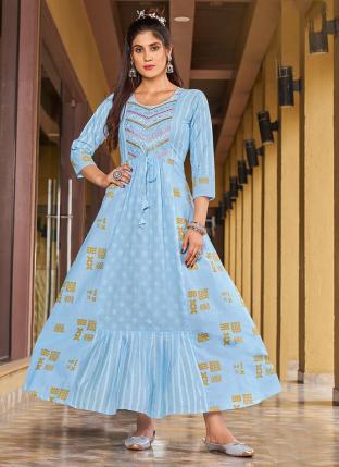 Sky Blue Cotton Casual Wear Embroidery Work Gown