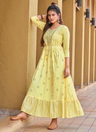 Yellow Cotton Casual Wear Embroidery Work Gown