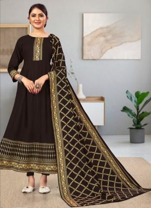 Brown Rayon Casual Wear Foil Printed Gown With Dupatta