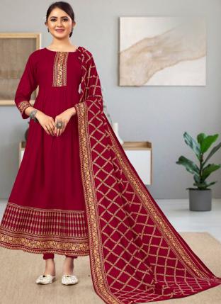 Maroon Rayon Casual Wear Foil Printed Gown With Dupatta