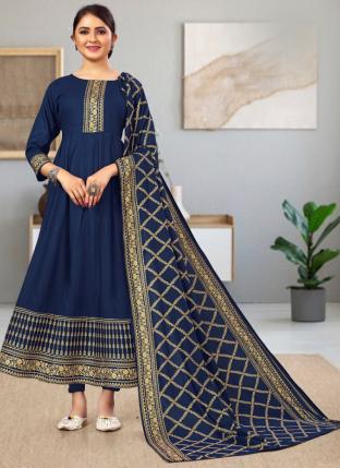 Navy blue Rayon Casual Wear Foil Printed Gown With Dupatta
