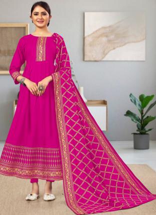 Pink Rayon Casual Wear Foil Printed Gown With Dupatta