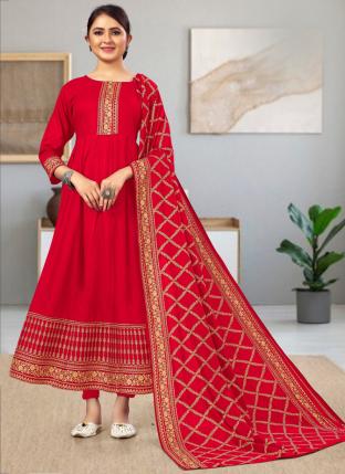 Red Rayon Casual Wear Foil Printed Gown With Dupatta