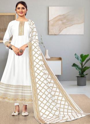 White Rayon Casual Wear Foil Printed Gown With Dupatta