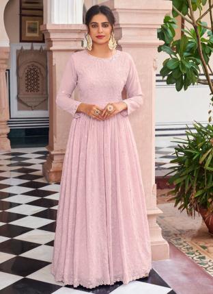 Pink Chinnon Georgette Traditional Wear Embroidery Work Gown