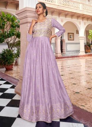 Purple Chinnon Georgette Traditional Wear Embroidery Work Gown