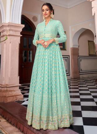 Turquoise Blue Chinnon Georgette Traditional Wear Embroidery Work Gown