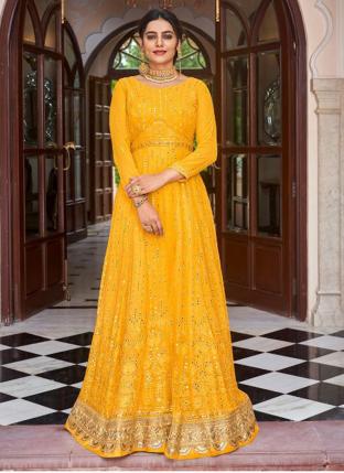 Yellow Chinnon Georgette Traditional Wear Embroidery Work Gown
