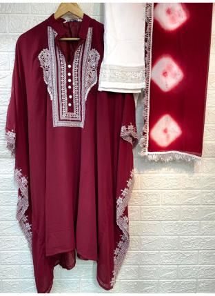 Maroon Georgette Traditional Wear Embroidery Work Kaftan Suit