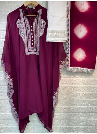 Purple Georgette Traditional Wear Embroidery Work Kaftan Suit