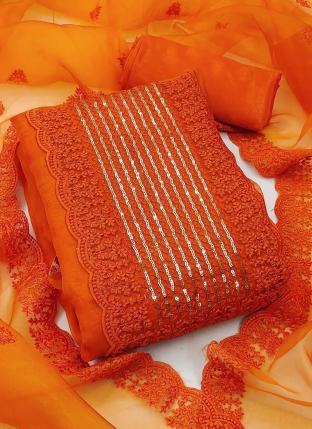 Orange Organza Silk Party Wear Lace Work Dress Material