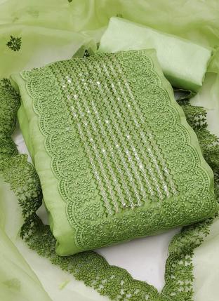 Pista green Organza Silk Party Wear Lace Work Dress Material