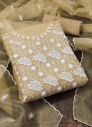 Beige Organza Silk Traditional Wear Embroidery Work Dress Material