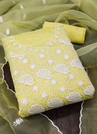 Yellow Organza Silk Traditional Wear Embroidery Work Dress Material