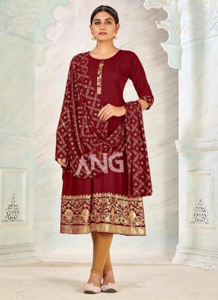 Maroon Crepe Casual Wear Foil Printed Gown With Dupatta
