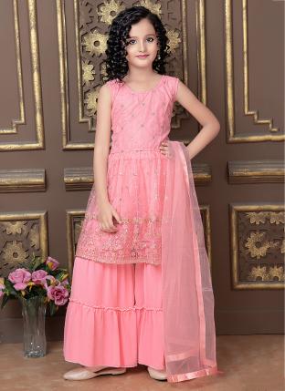 Pink Soft Net Party Wear Sequins Work Kids Sharara Suit