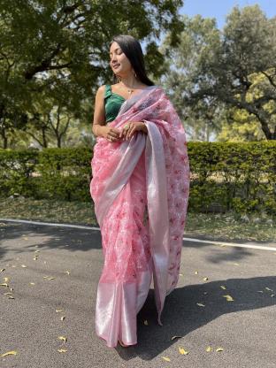 Pink Organza Traditional Wear Zari Weaving Saree