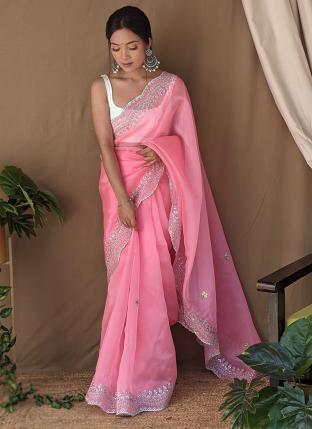 Pink Organza Wedding Wear Embroidery Work Saree