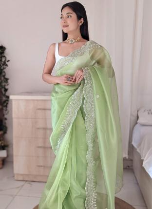 Pista green Organza Wedding Wear Embroidery Work Saree
