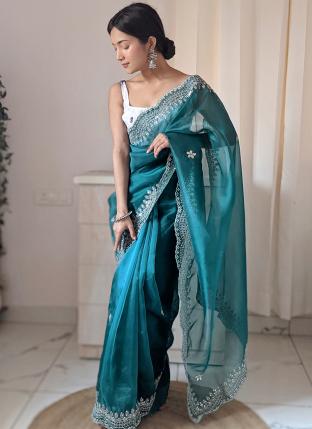 Rama Organza Wedding Wear Embroidery Work Saree