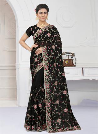 Black Shimmer Reception Wear Embroidery Work Saree