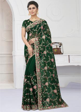 Bottle Green Shimmer Reception Wear Embroidery Work Saree