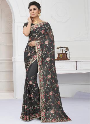 Grey Shimmer Reception Wear Embroidery Work Saree