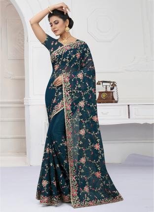 Morpeach Shimmer Reception Wear Embroidery Work Saree
