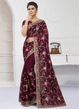 Wine Shimmer Reception Wear Embroidery Work Saree