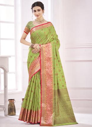 Light Green Cotton Traditional Wear Weaving Saree
