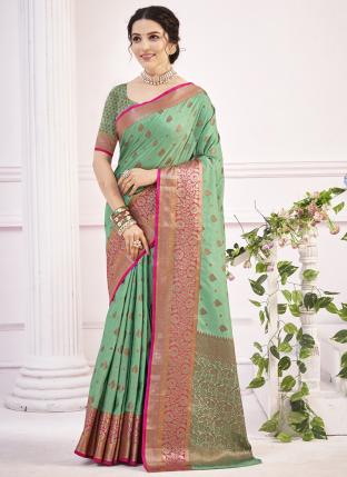 Pista green Cotton Traditional Wear Weaving Saree