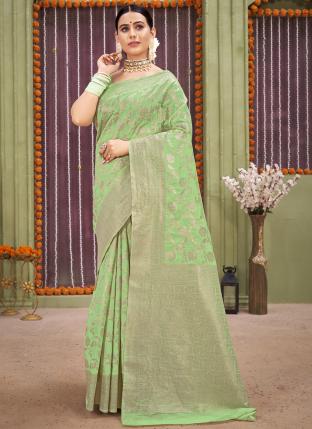 Pista green Linen Festival Wear Weaving Saree