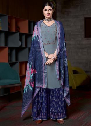 Grey Pure Crepe Festival Wear Embroidery Work Salwar Suit