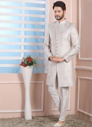 Light Grey Art Silk Wedding Wear Thread Work Indo Western Sherwani