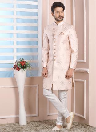 Light Pink Art Silk Wedding Wear Thread Work Indo Western Sherwani