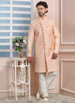 Peach Art Silk Wedding Wear Thread Work Indo Western Sherwani