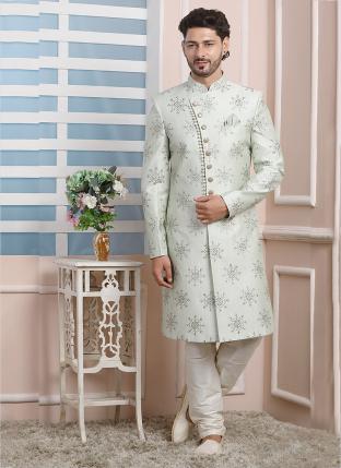 Pista green Art Silk Wedding Wear Thread Work Indo Western Sherwani