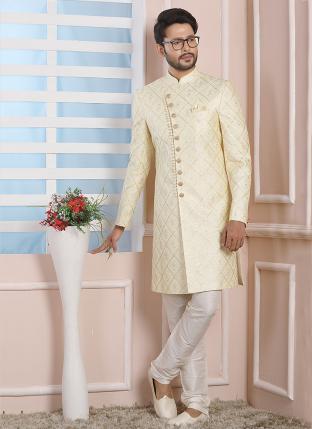Yellow Art Silk Wedding Wear Thread Work Indo Western Sherwani