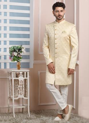 Gold Art Silk Wedding Wear Thread Work Indo Western Sherwani