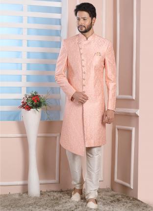 Pink Art Silk Wedding Wear Thread Work Indo Western Sherwani