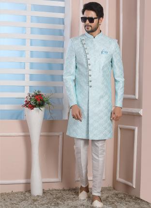 Sky Blue Art Silk Wedding Wear Thread Work Indo Western Sherwani