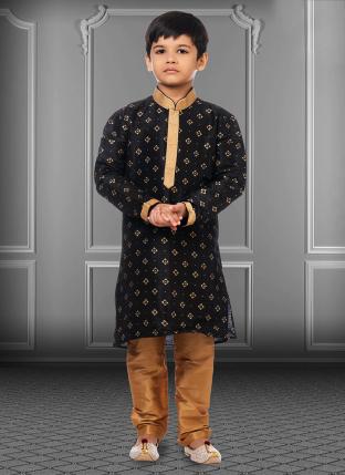 Black Dupion Silk Diwali Wear Printed Kids Kurta Pajama