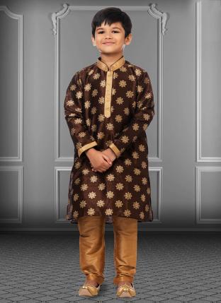 Brown Dupion Silk Diwali Wear Printed Kids Kurta Pajama
