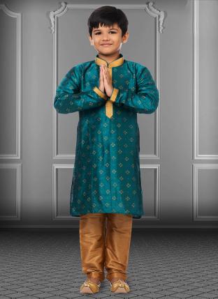Rama Blue Dupion Silk Diwali Wear Printed Kids Kurta Pajama