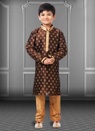 Brown Dupion Silk Diwali Wear Printed Kids Kurta Pajama