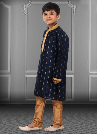 Navy blue Dupion Silk Diwali Wear Printed Kids Kurta Pajama