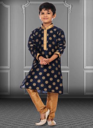 Navy blue Dupion Silk Diwali Wear Printed Kids Kurta Pajama