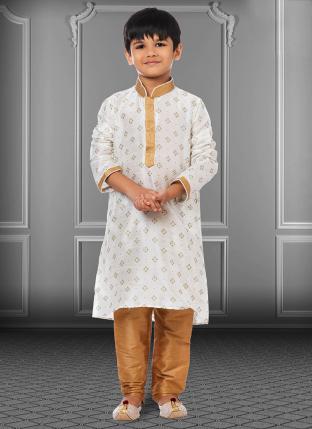 White Dupion Silk Diwali Wear Printed Kids Kurta Pajama