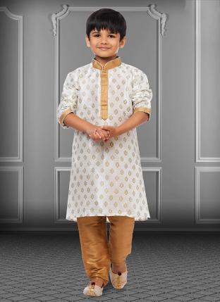 White Dupion Silk Diwali Wear Printed Kids Kurta Pajama