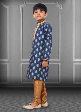 Blue Jacquard Silk Festival Wear Weaving Kids Kurta Pajama